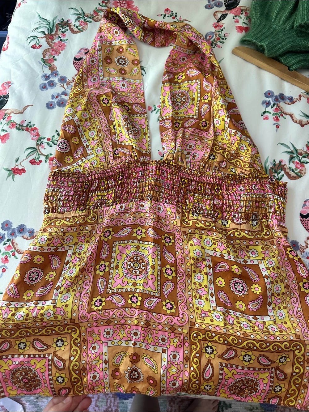 Sleeveless Paisley Halter Top in Pink & Mustard Retro Floral Silky Summer Top